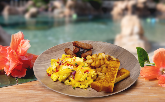 Scrambled Eggs, French Toast, Potatoes and Sausage breakfast platter