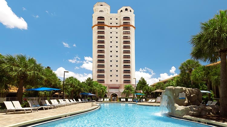 Doubletree Hilton Exterior Tower at sunset